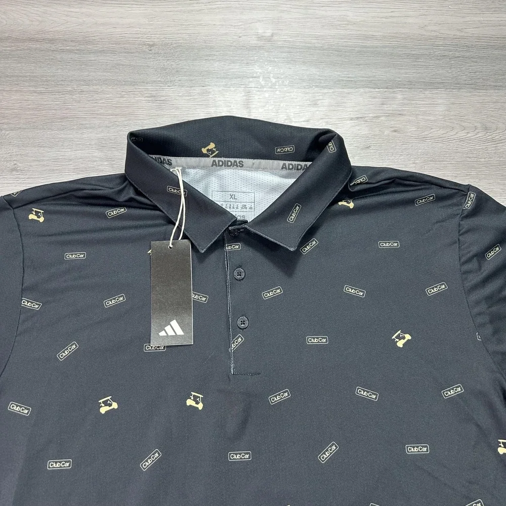 NEW Adidas Polo Shirt Mens XL Black Club Car Golf AOP Print Performance Stretch
